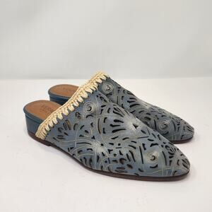 Vera Cruz Women Olivette Teal Blue Leather Wedge Mule Size 38 US 75 Slip On Boho